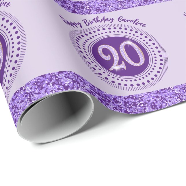 Papel De Regalo Elegant 20th Birthday Purple Glitter with Stripes (Esquina del rollo)