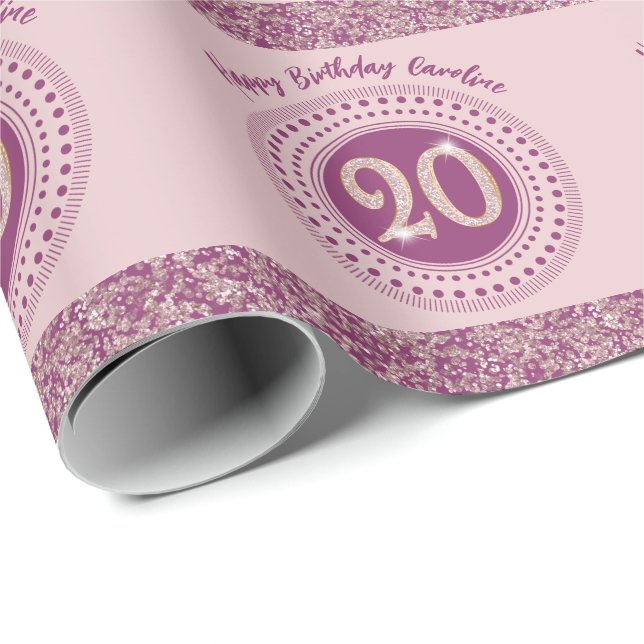 Papel De Regalo Elegant 20th Birthday Rose Gold Glitter & Stripes (Esquina del rollo)