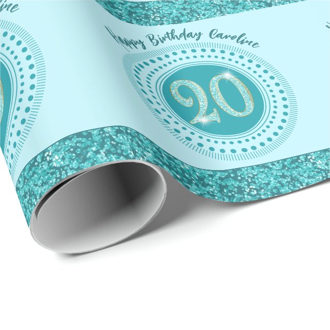 Papel De Regalo Elegant 20th Birthday Teal Blue Glitter & Stripes (Esquina del rollo)