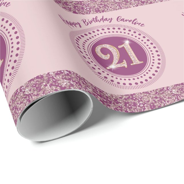 Papel De Regalo Elegant 21st Birthday Rose Gold Glitter & Stripes (Esquina del rollo)
