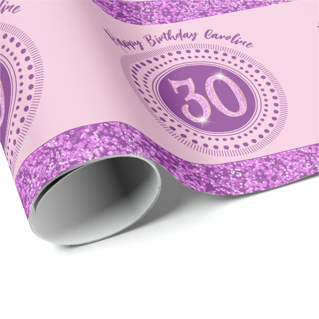 Papel De Regalo Elegant 30th Birthday Pink Glitter with Stripes (Esquina del rollo)