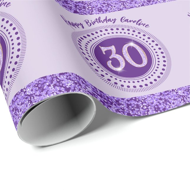 Papel De Regalo Elegant 30th Birthday Purple Glitter with Stripes (Esquina del rollo)