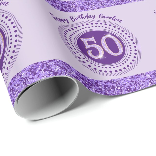 Papel De Regalo Elegant 50th Birthday Purple Glitter with Stripes (Esquina del rollo)