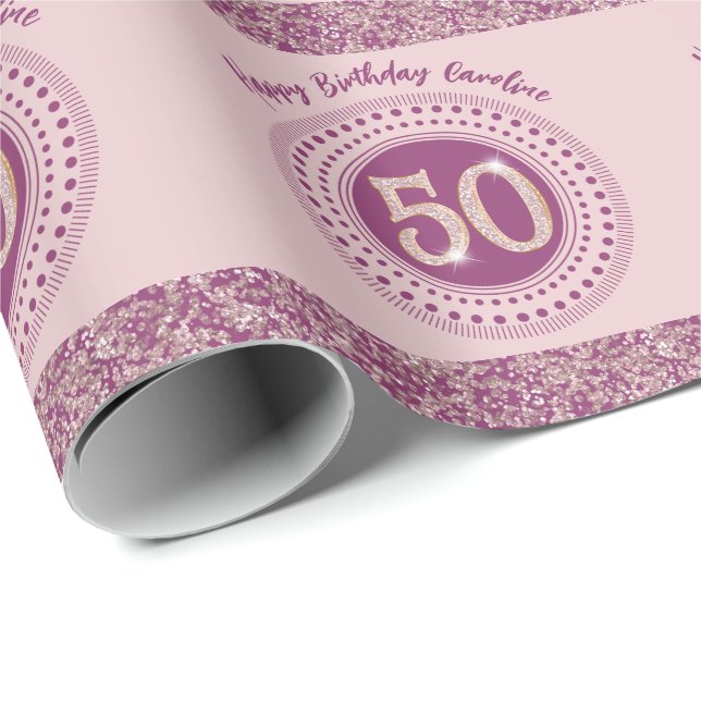 Papel De Regalo Elegant 50th Birthday Rose Gold Glitter & Stripes (Esquina del rollo)
