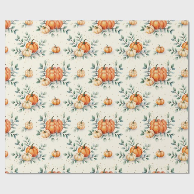 Papel De Regalo  Elegant Autumn Pumpkin and Eucalyptus Watercolor (Superficie plana)