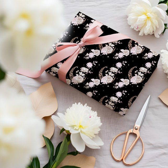 Papel De Regalo Elegant Black Floral Peony Celestial Moon & Stars (Elegant Black Floral Peony Celestial Moon & Stars Wrapping Paper)