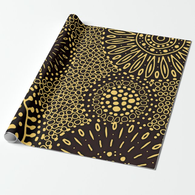 Papel De Regalo Elegant Black Gold Ethnic Floral Wrapping Paper (Desenrollado)