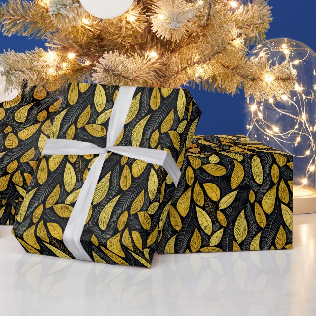 Papel De Regalo Elegant Black Golden & Grey Botanical Leaves (Vacaciones)