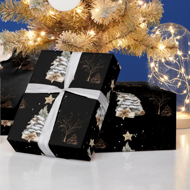 Papel De Regalo Elegant Black New Year Frosted Tree pine (Vacaciones)