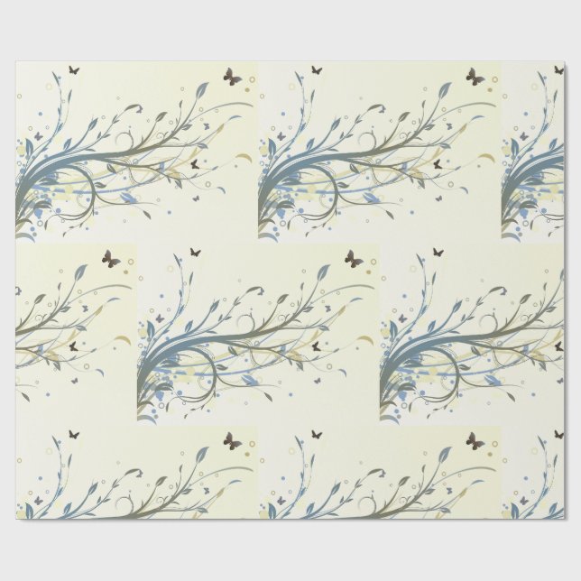 Papel De Regalo Elegant Blue Gold Floral Swirls with Butterflies (Superficie plana)