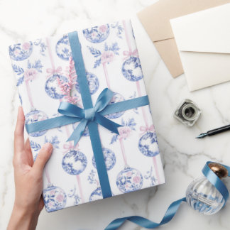 Papel De Regalo Elegant Blue & Pink Toile Christmas Ornaments Wrap