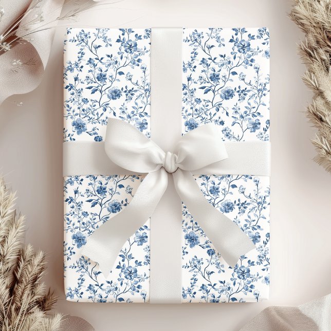 Papel De Regalo Elegant Blue & White Floral Toile Botanical (Elegant toile pattern in blue and white - the perfect wrap for your gifts!)