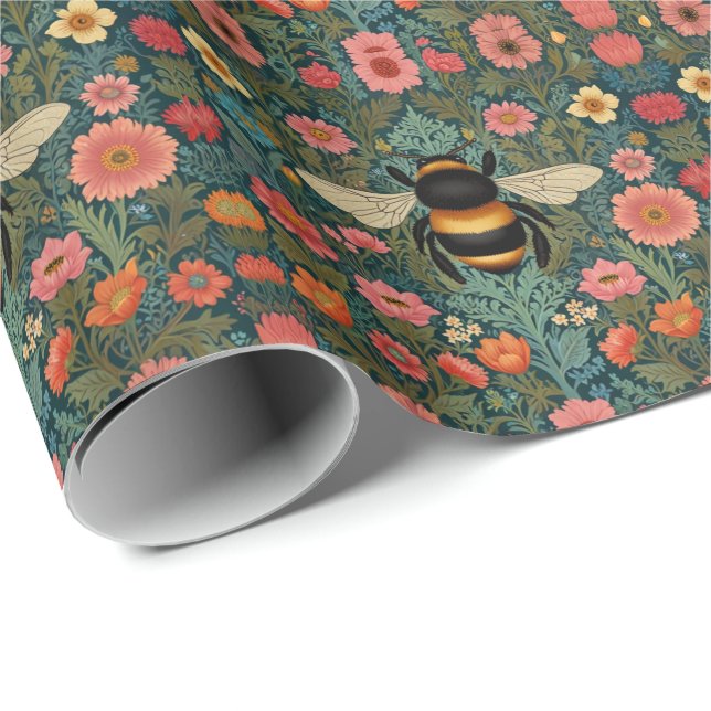 Papel De Regalo Elegant boho retro bumblebee spring florals  (Esquina del rollo)