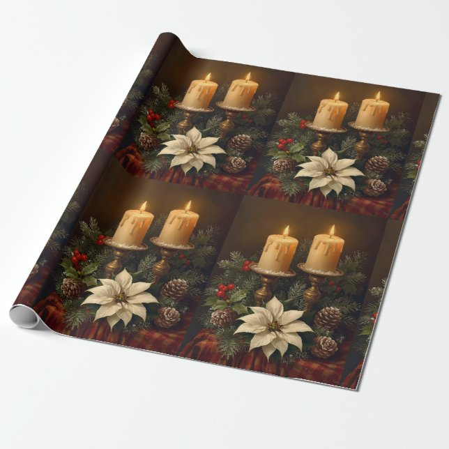 Papel De Regalo Elegant candle Christmas holly pine warm festive  (Desenrollado)