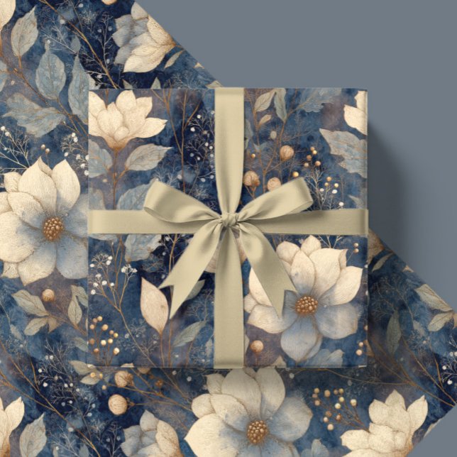 Papel De Regalo Elegant Christmas Winter Cream And Navy Floral (Subido por el creador)