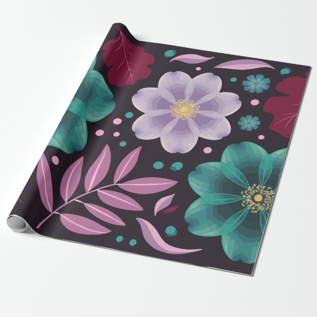 Papel De Regalo Elegant Floral with Teal and Purple Blossoms (Desenrollado)