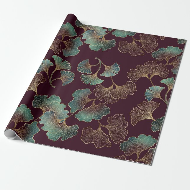 Papel De Regalo Elegant Ginkgo Leaf in Burgundy and Teal (1) (Desenrollado)