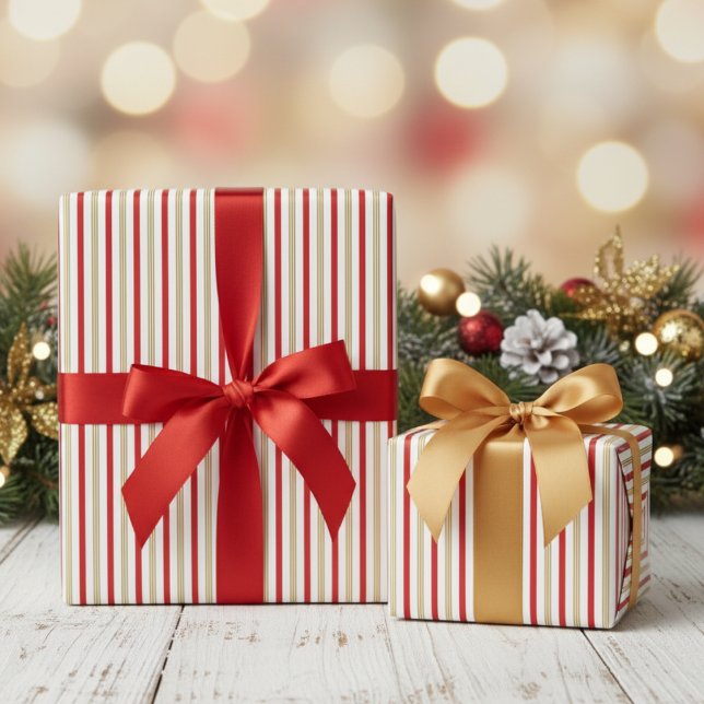 Papel De Regalo Elegant Gold and Red Candy Cane Pinstripe Pattern (Elegant Gold & Red Pinstripe Pattern Christmas Wrapping Paper. Modern Thin Red & Gold Lines Stripes)