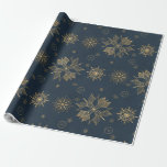 Papel De Regalo Elegant Gold Blue Poinsettias Snowflakes Pattern<br><div class="desc">A pretty and elegant floral and snowflakes Christmas design, featuring Yellow gold shining faux glitter poinsettia flowers and foliage, snowflakes, small cute flowers on a stained splatters paint evening blue background. This Hand Drawn, small geometric flowers design, girly winter floral Design, Vintage, whimsical feel Artwork, is great for the Christmas...</div>