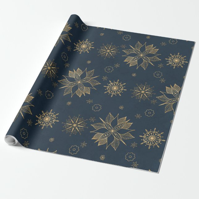 Papel De Regalo Elegant Gold Blue Poinsettias Snowflakes Pattern (Desenrollado)