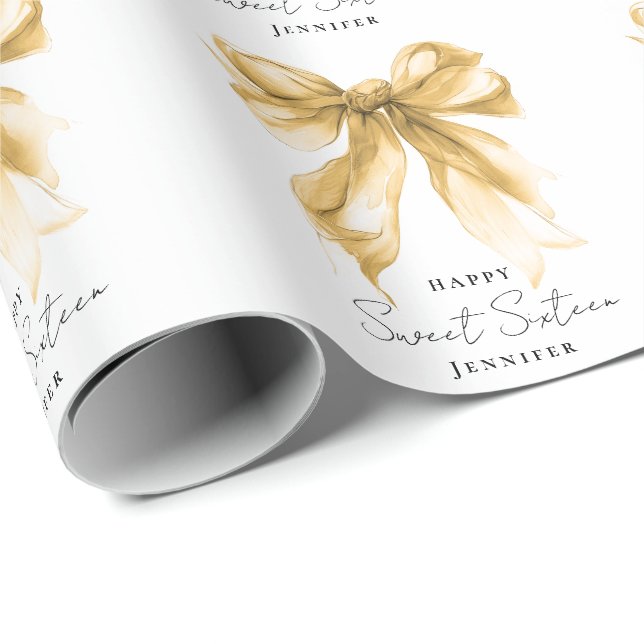 Papel De Regalo Elegant Gold Bow Coquette Script Sweet 16 Party  (Esquina del rollo)
