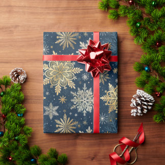 Papel De Regalo Elegant Gold Snowflakes Winter Blue Christmas