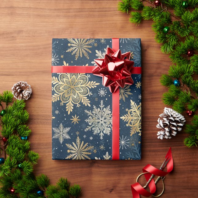 Papel De Regalo Elegant Gold Snowflakes Winter Blue Christmas (Regalo de vacaciones)