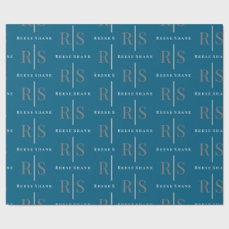 Papel De Regalo Elegant Grey Monogram & White Name, Blue