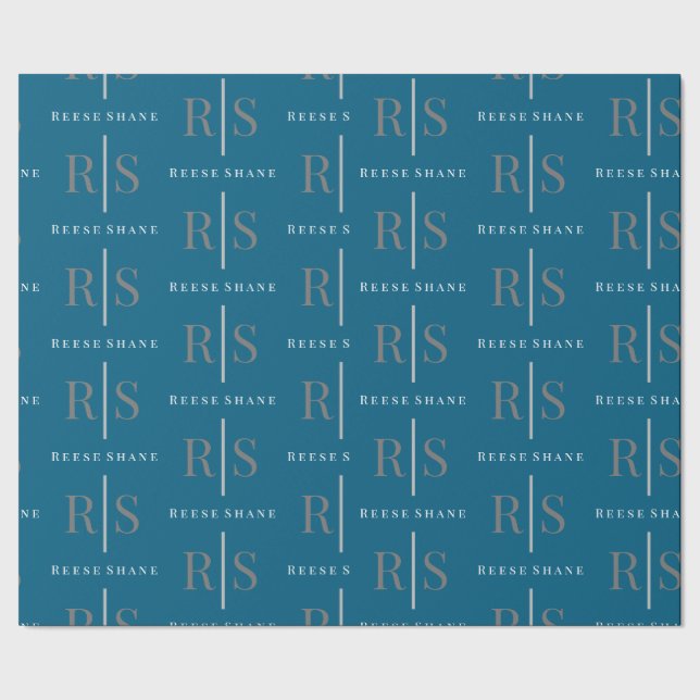 Papel De Regalo Elegant Grey Monogram & White Name, Blue (Costura)