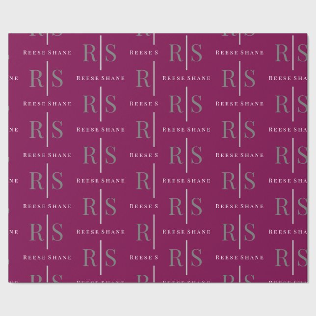 Papel De Regalo Elegant Grey Monogram & White Name, Maroon (Costura)