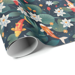 Papel De Regalo Elegant Koi and Waterlily Wrapping Paper on Indigo
