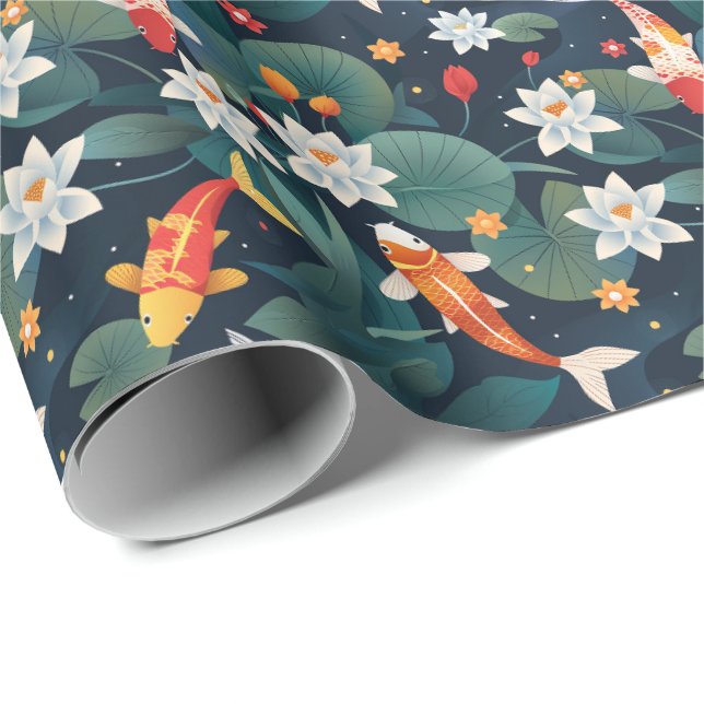Papel De Regalo Elegant Koi and Waterlily Wrapping Paper on Indigo (Esquina del rollo)