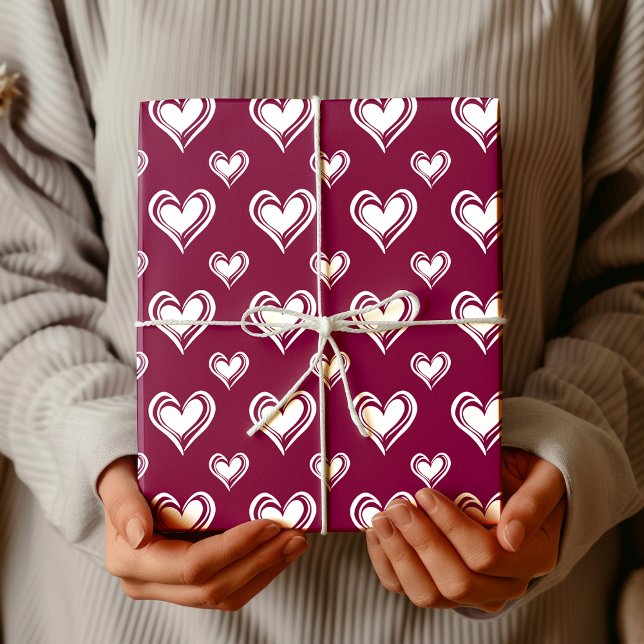 Papel De Regalo Elegant Minimalist Hollow Hearts | Merlot Red (Subido por el creador)