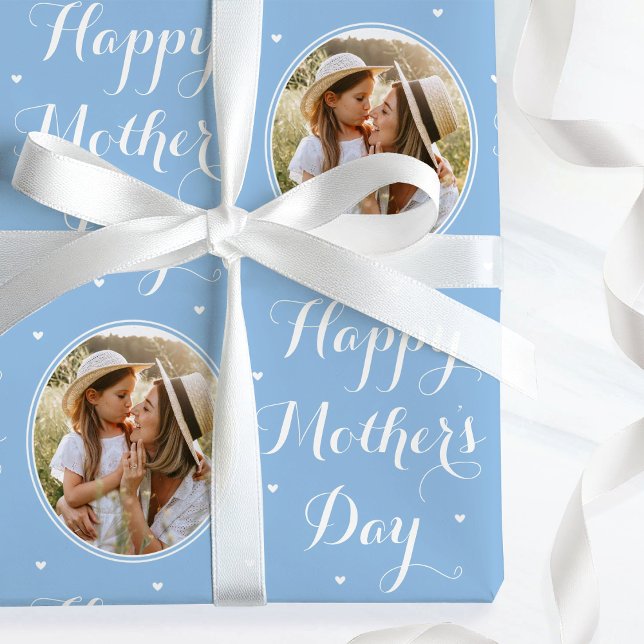 Papel De Regalo Elegant Mother's Day Custom Photo Blue White (Subido por el creador)
