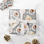 Papel De Regalo Elegant Pewter Photo Ornaments Custom Christmas<br><div class="desc">Wrap your Christmas gifts in style! This festive holiday gift wrapping paper features blush pink, silver gray, and champagne gold colored round bulb ornament frames with spaces for three (3) different photos. White winter snowflakes and hearts accent the design. The pewter gray printed background color can be customized. The Merry...</div>