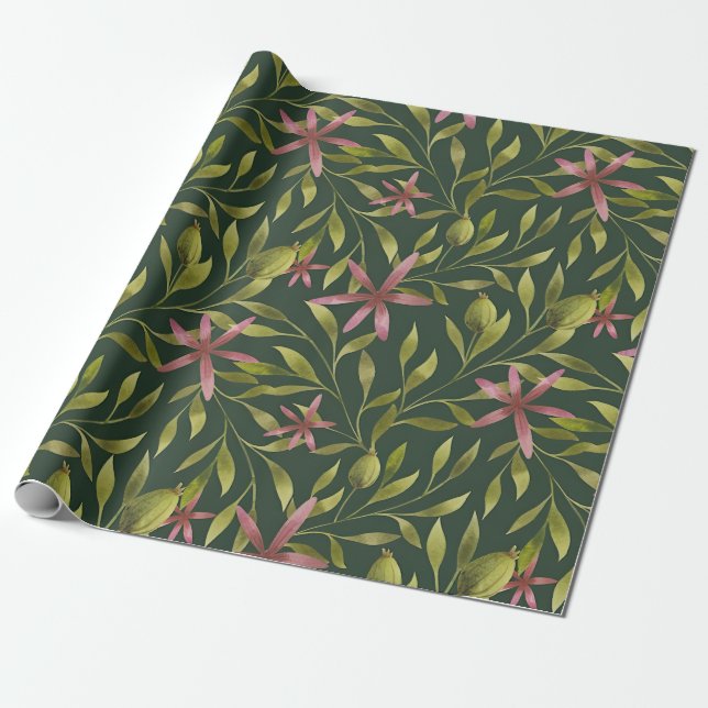 Papel De Regalo Elegant Pink Flower Pattern on Dark Background (Desenrollado)