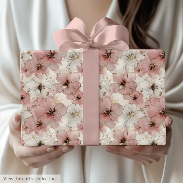 Papel De Regalo Elegant pink flowers and gold birthday paper wrap (Elegant pink flowers and gold birthday paper wrap)