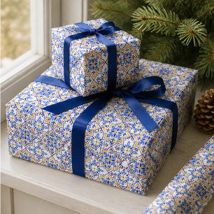 Papel De Regalo Elegant Portuguese Blue and Gold Mediterranean
