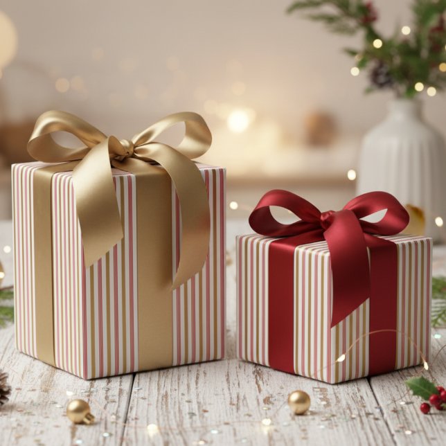 Papel De Regalo Elegant Red and Gold Candy Cane Pinstripe Pattern (Elegant Red and Gold Candy Cane Pinstripe Pattern for Chic Christmas Party. Thin Festive Stripes)