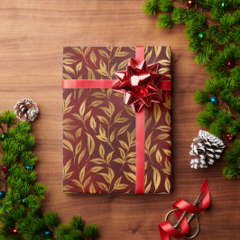 Papel De Regalo Elegant Red Gold Leaf Botanical Christmas 