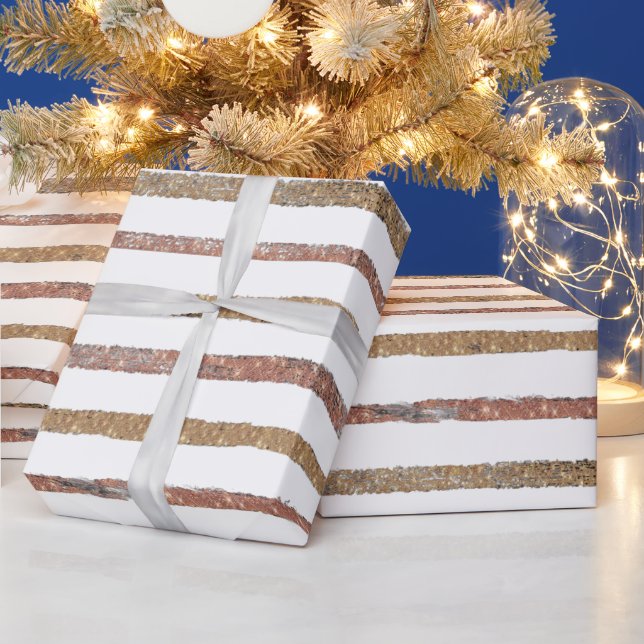 Papel De Regalo Elegant Rose Gold & White Striped (Vacaciones)