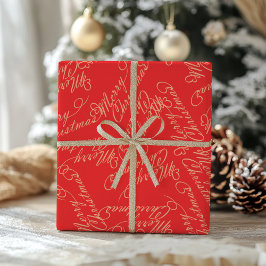 Papel De Regalo Elegant Script Merry Christmas Pattern/ Red & Gold