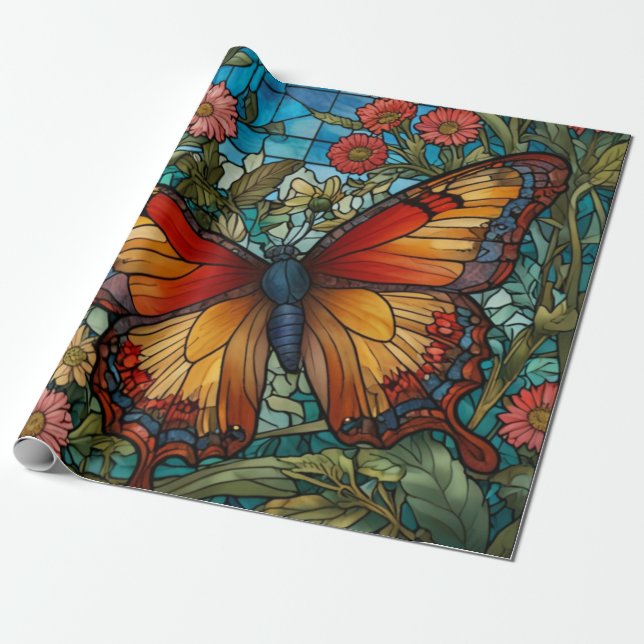 Papel De Regalo Elegant stain glass butterfly garden (Desenrollado)