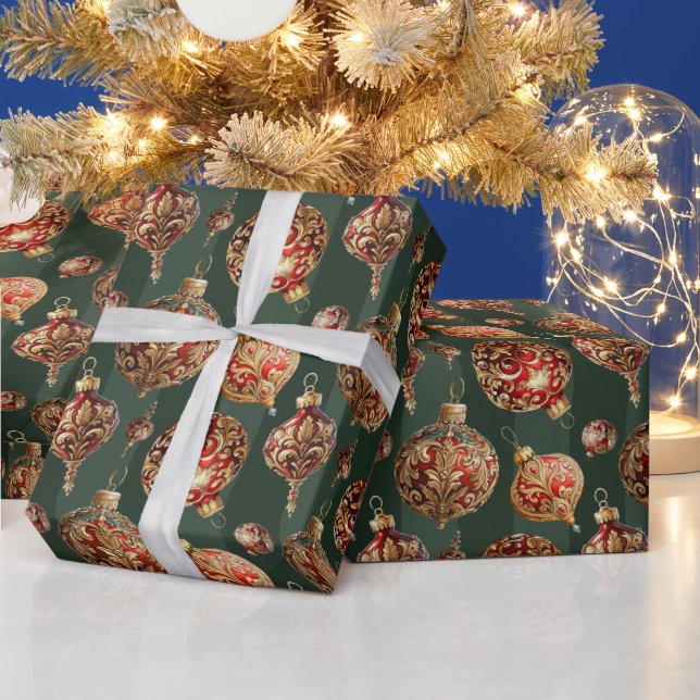 Papel De Regalo Elegant Traditional Red & Gold Christmas Baubles  (Vacaciones)