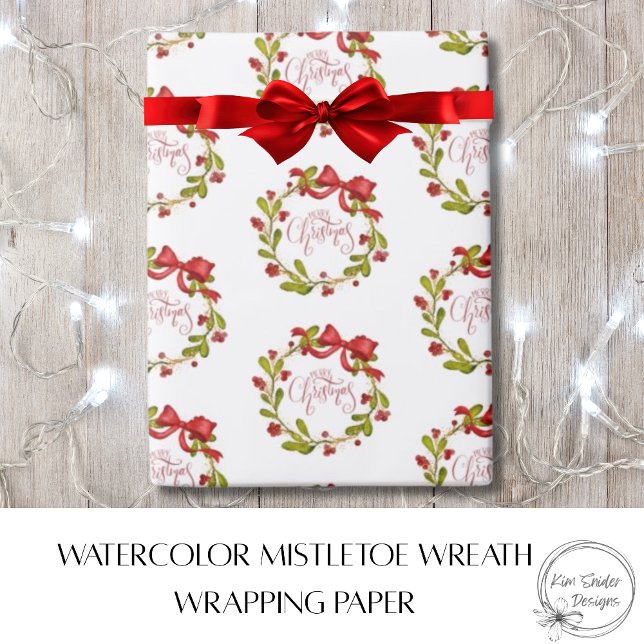 Papel De Regalo Elegant Watercolor MIstletoe Wreath & Red Bow  (Subido por el creador)