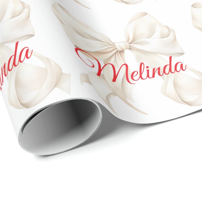 Papel De Regalo Elegant White Bow red name  Christmas  (Esquina del rollo)