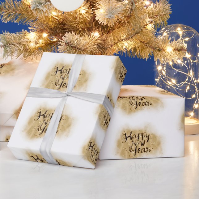 Papel De Regalo Elegant White Gold Happy New Year calligraphy (Vacaciones)