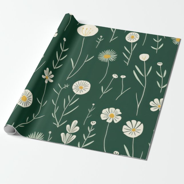 Papel De Regalo Elegant Wildflower Pattern on Dark Green  (Desenrollado)
