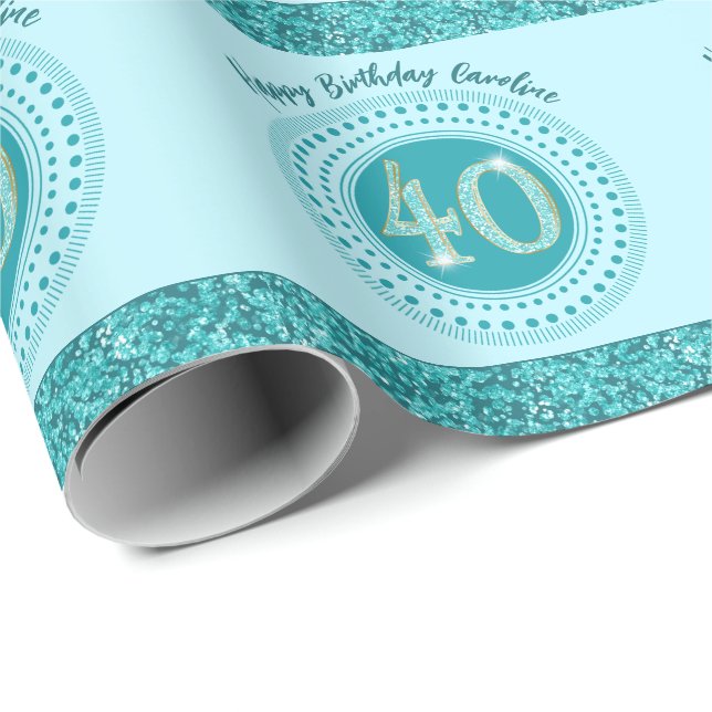Papel De Regalo Elegante 40 cumpleaños Purpurina azul Verde azulad (Esquina del rollo)