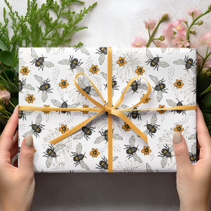 Papel De Regalo Elegante Abeja de miel, margaritas y puntos negros